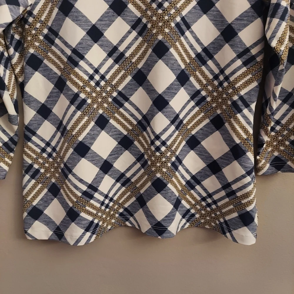 J MCLAUGHLIN Signature Catalina Cloth Blue And White Plaid 3/4 Length Sleeve Top - Picture 6 of 11